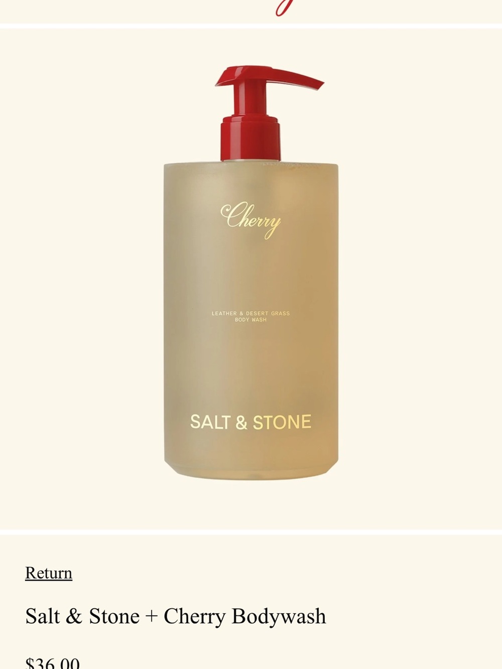 Salt & Stone Cherry Bodywash – Beige Bottle with Red Pump